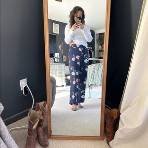 LOFT Floral Wide Leg Pants - Navy and Pink
